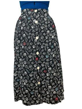 Modcloth Seashell Print Black Midi Skirt